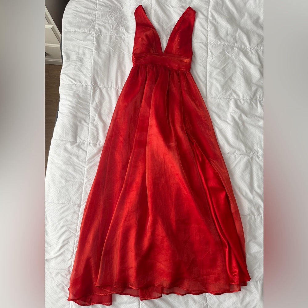 Anthropologie If By Sea Metallic Maxi Gown XS Red Prom Formal Deep Plunge Slit - Picture 3 of 12